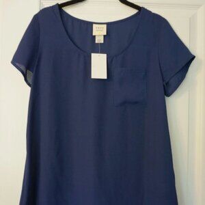 NEW Neon Soul Navy Blue Sheer Short Sleeve Blouse Top w/ Pocket SMALL